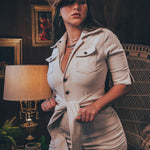 Stretch corduroy cream Diva jumpsuit with dramatic bell bottoms  designed for chic, sexy retro 70's inspired  silhouette