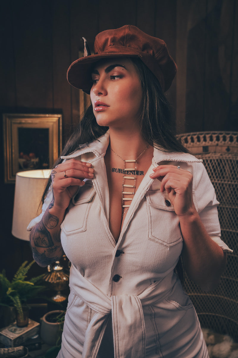 Stretch corduroy cream Diva jumpsuit with dramatic bell bottoms  designed for chic, sexy retro 70's inspired  silhouette