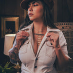 Stretch corduroy cream Diva jumpsuit with dramatic bell bottoms  designed for chic, sexy retro 70's inspired  silhouette