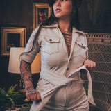 Creme corduroy vintage style 70s jumpsuit with fitted waist and wide bell bottom legs small batchCream corduroy vintage style 70s jumpsuit with fitted waist and wide bell bottom legs small batch crafted by soul sister since 1969