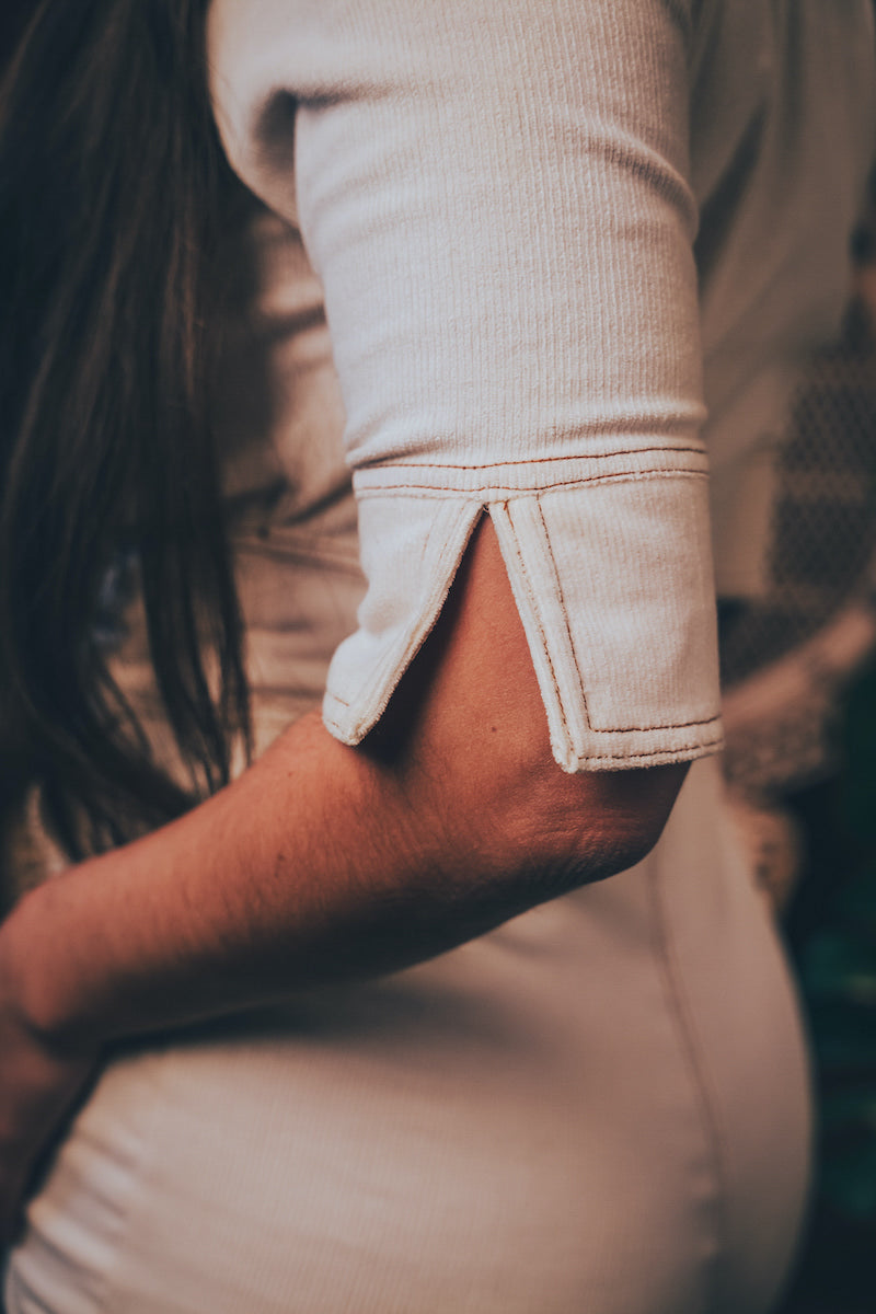 Stretch corduroy cream Diva jumpsuit with dramatic bell bottoms  designed for chic, sexy retro 70's inspired  silhouette