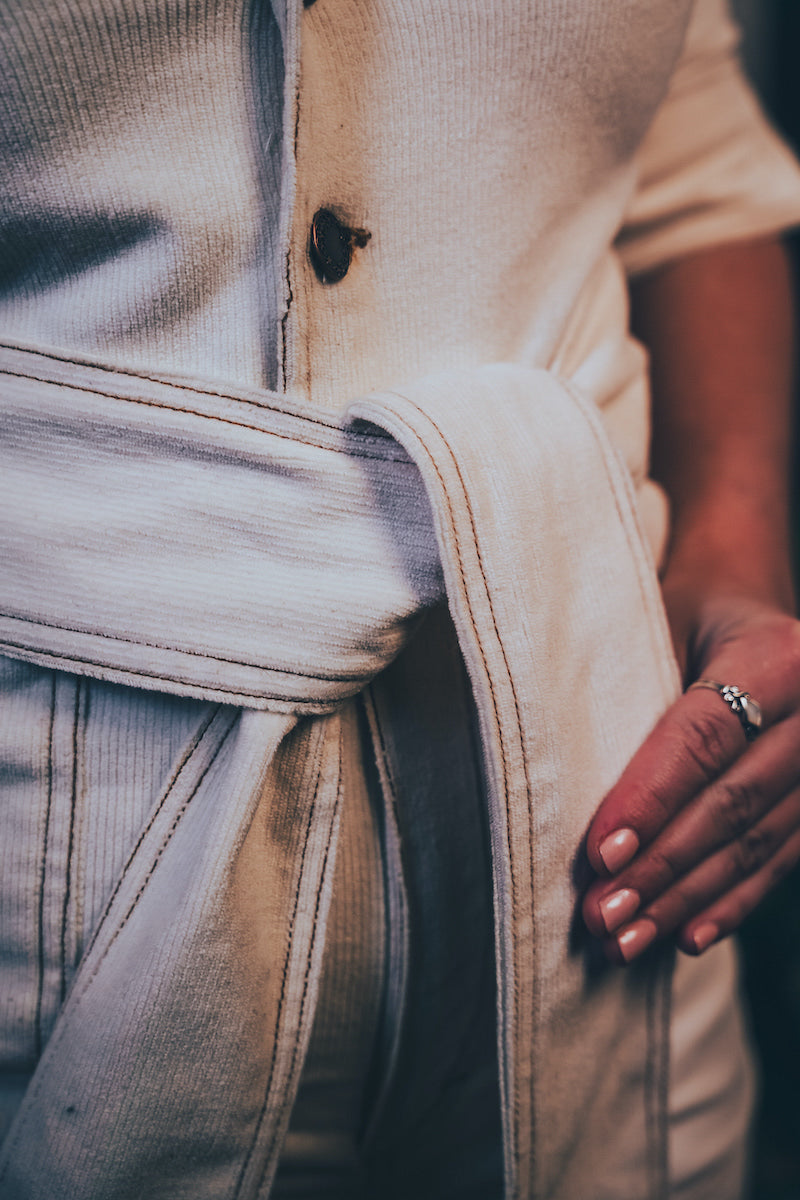 Stretch corduroy cream Diva jumpsuit with dramatic bell bottoms  designed for chic, sexy retro 70's inspired  silhouette