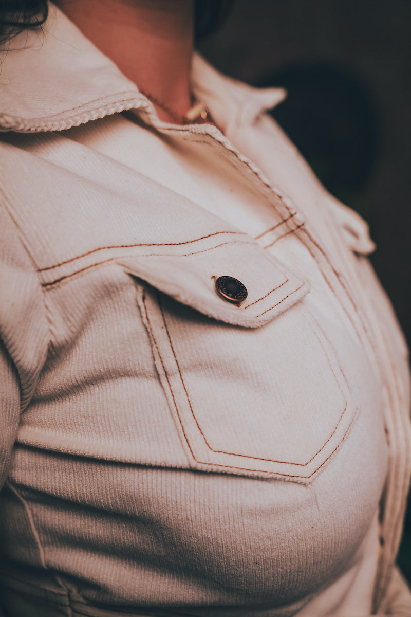 Stretch corduroy cream Diva jumpsuit with dramatic bell bottoms  designed for chic, sexy retro 70's inspired  silhouette