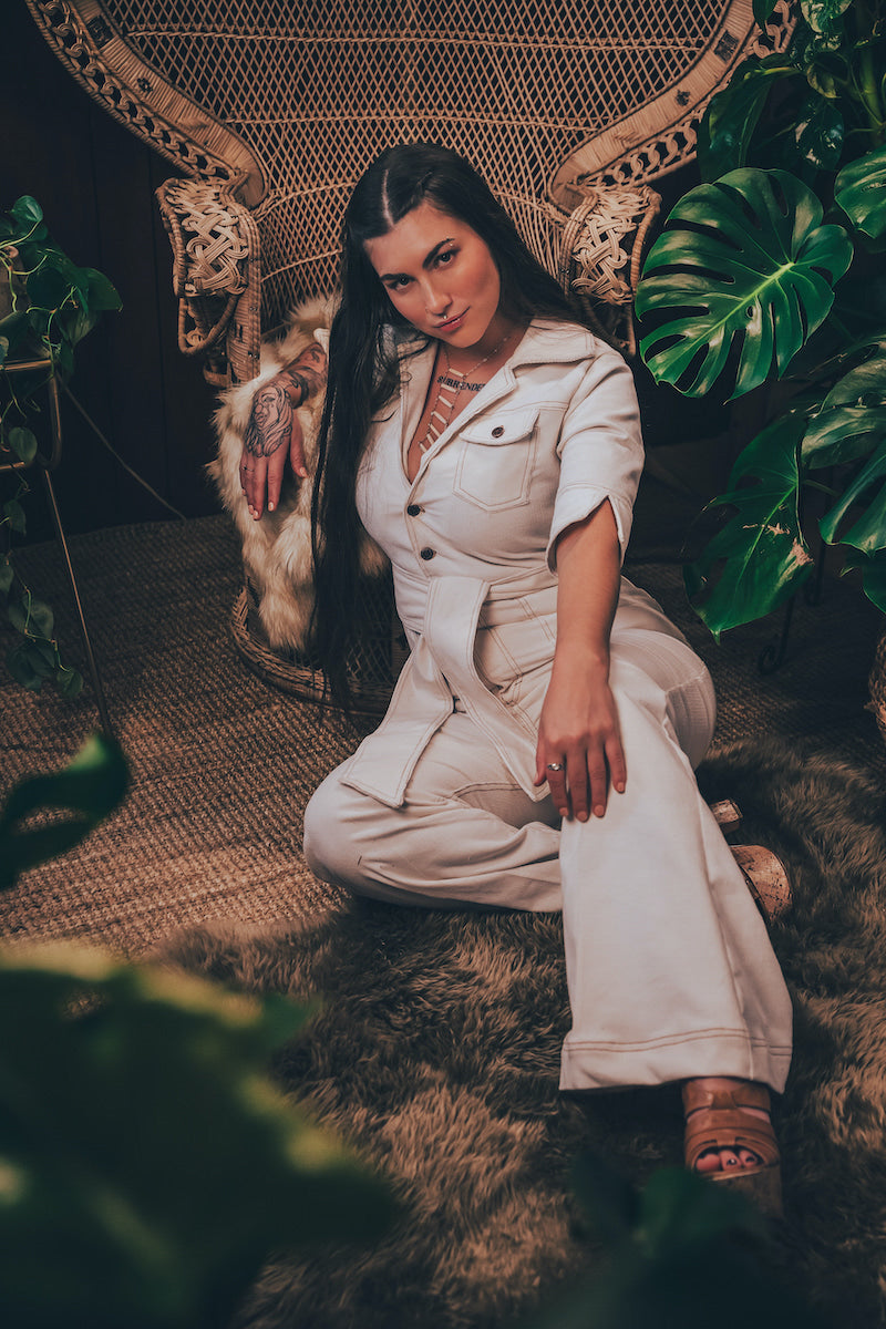 Stretch corduroy cream Diva jumpsuit with dramatic bell bottoms  designed for chic, sexy retro 70's inspired  silhouette