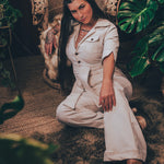 Stretch corduroy cream Diva jumpsuit with dramatic bell bottoms  designed for chic, sexy retro 70's inspired  silhouette