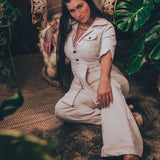 Stretch corduroy cream Diva jumpsuit with dramatic bell bottoms  designed for chic, sexy retro 70's inspired  silhouette