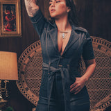 Lola Love stretch denim bell bottom  jumpsuit with belted waist, front pockets, and a bold 70's inspired silhouette for effortless retro cool by soul sister since 1969
