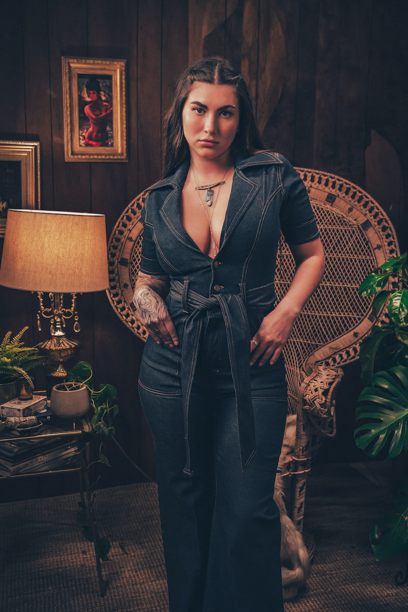 Lola Love stretch denim jumpsuit bell bottoms belted waist 70s retro Soul Sister