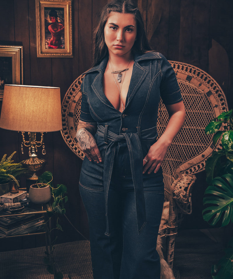 Lola Love stretch denim jumpsuit bell bottoms belted waist 70s retro Soul Sister