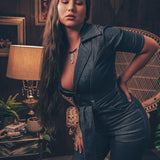 Lola Love stretch denim bell bottom  jumpsuit with belted waist, front pockets, and a bold 70's inspired silhouette for effortless retro cool by soul sister since 1969