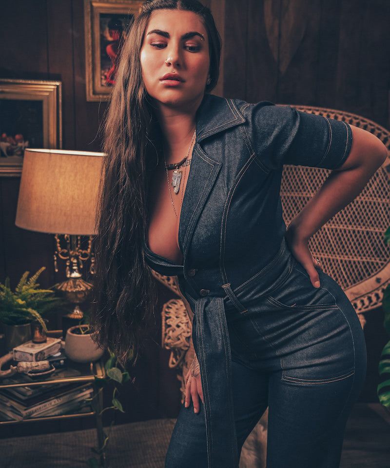 Lola Love stretch denim bell bottom  jumpsuit with belted waist, front pockets, and a bold 70's inspired silhouette for effortless retro cool by soul sister since 1969