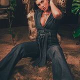 Lola Love stretch denim bell bottom  jumpsuit with belted waist, front pockets, and a bold 70's inspired silhouette for effortless retro cool by soul sister since 1969