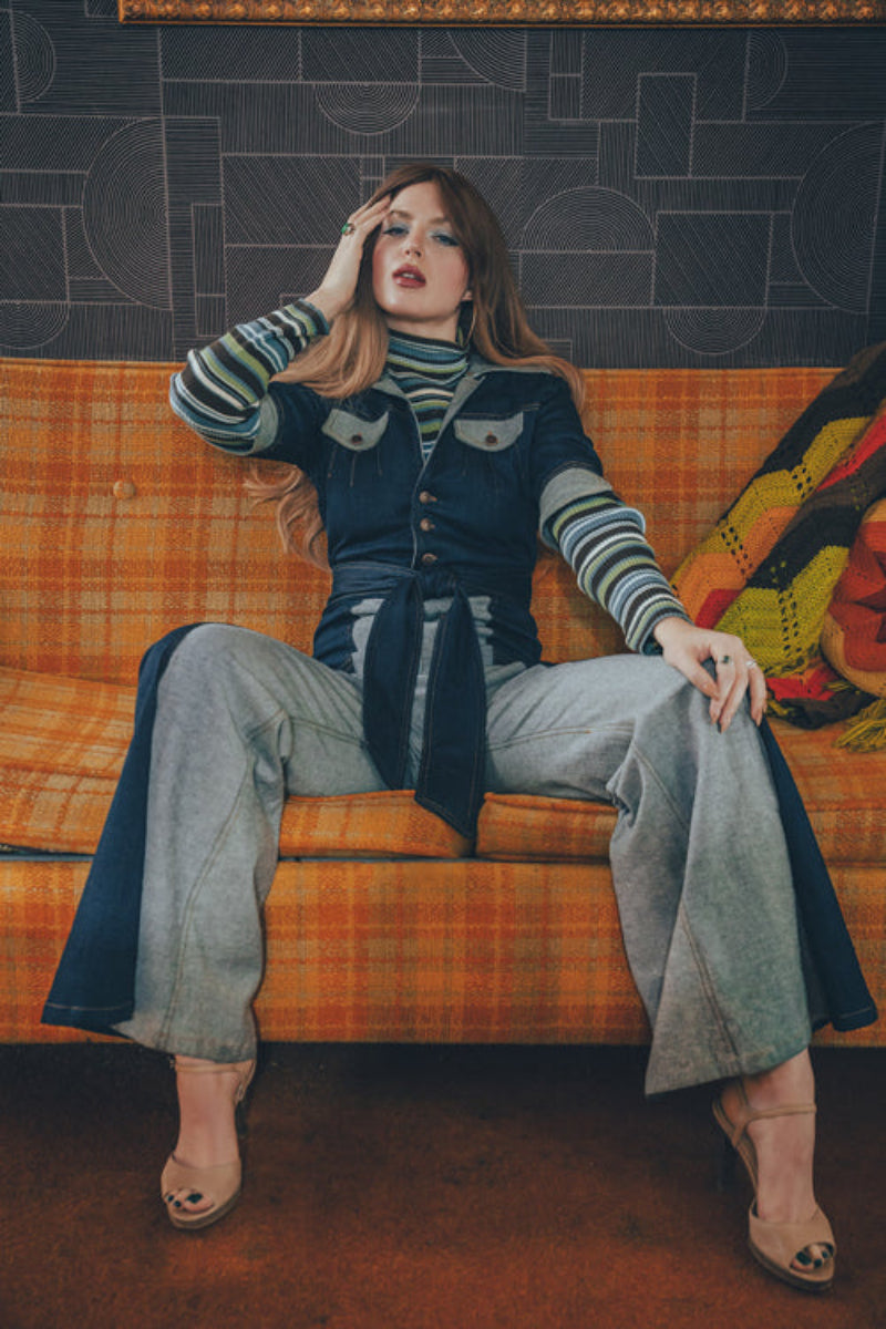 Vintage inspired two-tone denim jumpsuit with white colour contrast design and modern attitude for soul sister since 1969