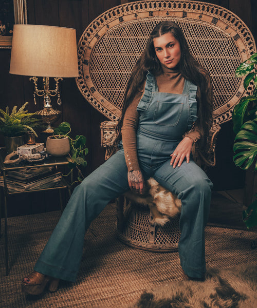 soul sister since 1969 - Cute funky feminine stretch denim Overalls with frill detail - 70's retro