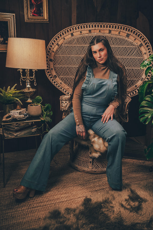 soul sister since 1969 - Cute funky feminine stretch denim Overalls with frill detail - 70's retro