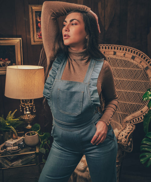 soul sister since 1969 - Cute funky feminine stretch denim Overalls with frill detail - 70's retro