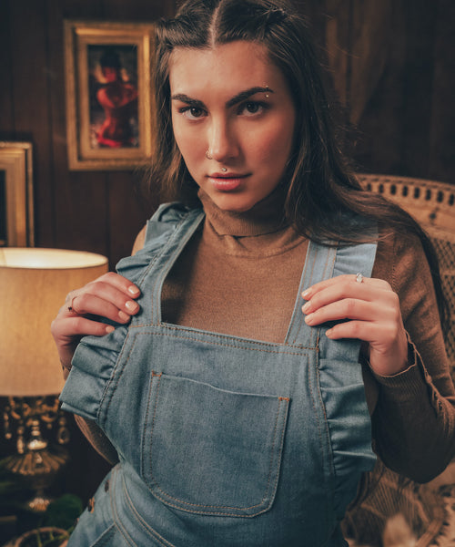 soul sister since 1969 - Cute funky feminine stretch denim Overalls with frill detail - 70's retro