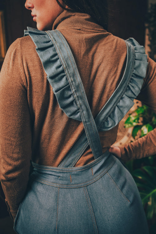 soul sister since 1969 - Cute funky feminine stretch denim Overalls with frill detail - 70's retro