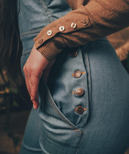 soul sister since 1969 - Cute funky feminine stretch denim Overalls with frill detail - 70's retro