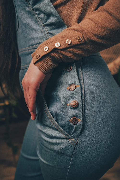 soul sister since 1969 - Cute funky feminine stretch denim Overalls with frill detail - 70's retro