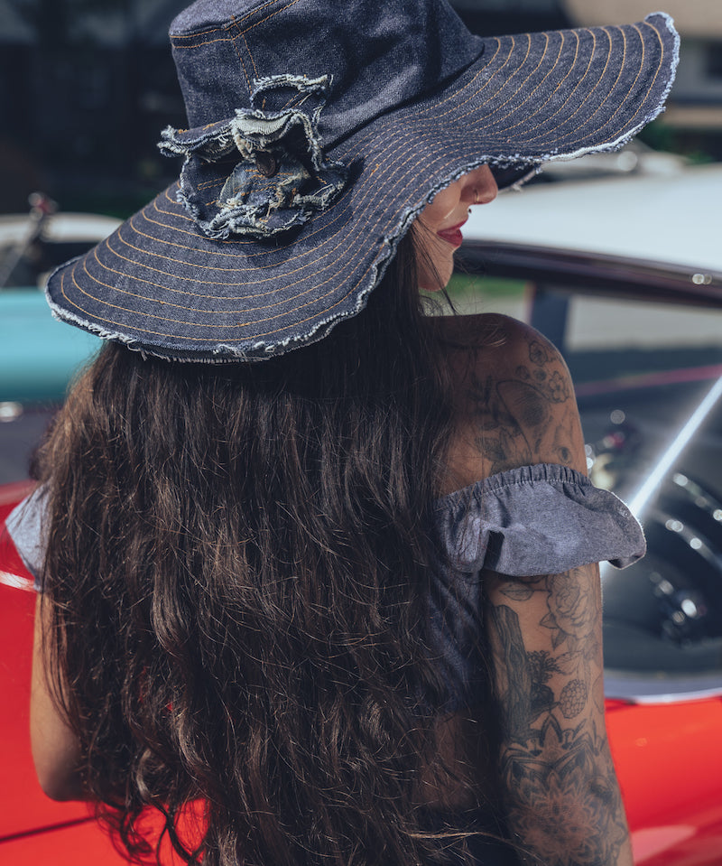back of a model wearing Soulful Hippie sun hat Navy denim - Soul Sister since 1969