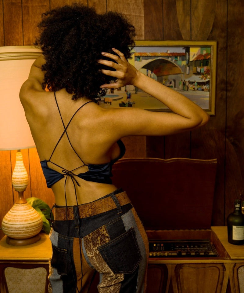 Stevie Backless Halter - Navy Satin - Soul Sister Since 1969