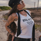 Woman wearing a 'Ride or Die' tank top in an outdoor setting wearing soul sister since 1969
